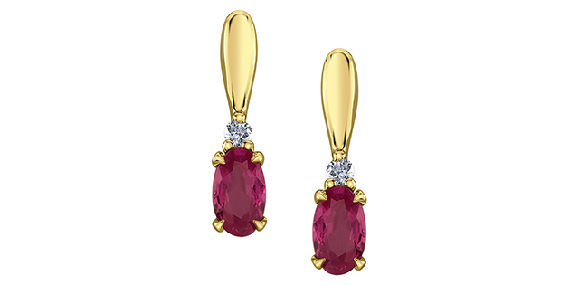 Stud earrings yellow gold 10 carats, rubies, 3 points of total diamond