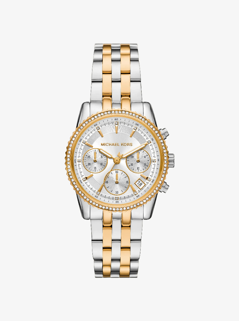 Montre acier inoxydable 2 tons (blanc et jaune), fond blanc, zircons incolores