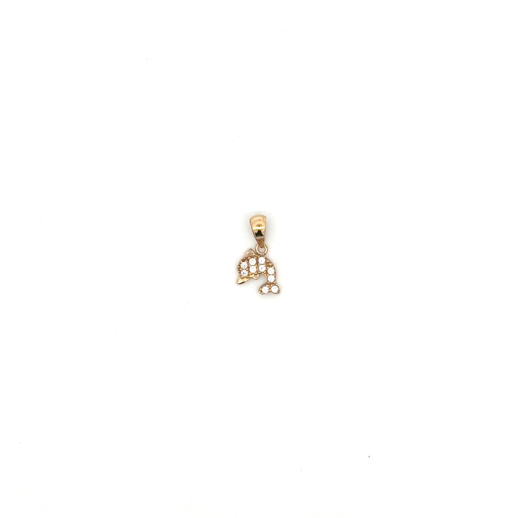 Pendentif dauphin, or jaune 10 carats, zircons incolores