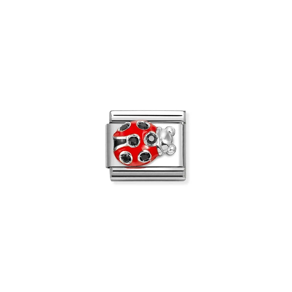 Classic link ladybug, stainless steel, red and black enamel, black zirconia