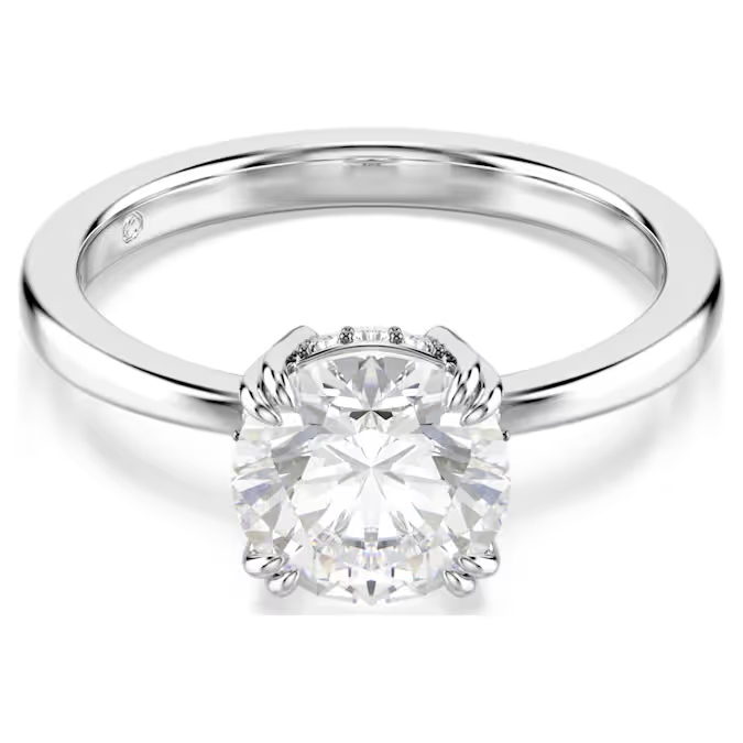 Bague solitaire, métal rhodié, cristal incolore