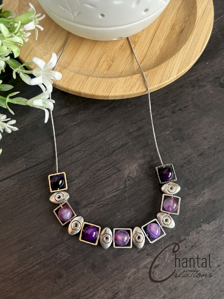 caroline violet necklace, stainless steel, violet agates