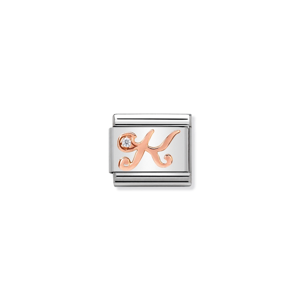Classic link letter K, stainless steel, 9 carats rose gold finish, clear zirconia