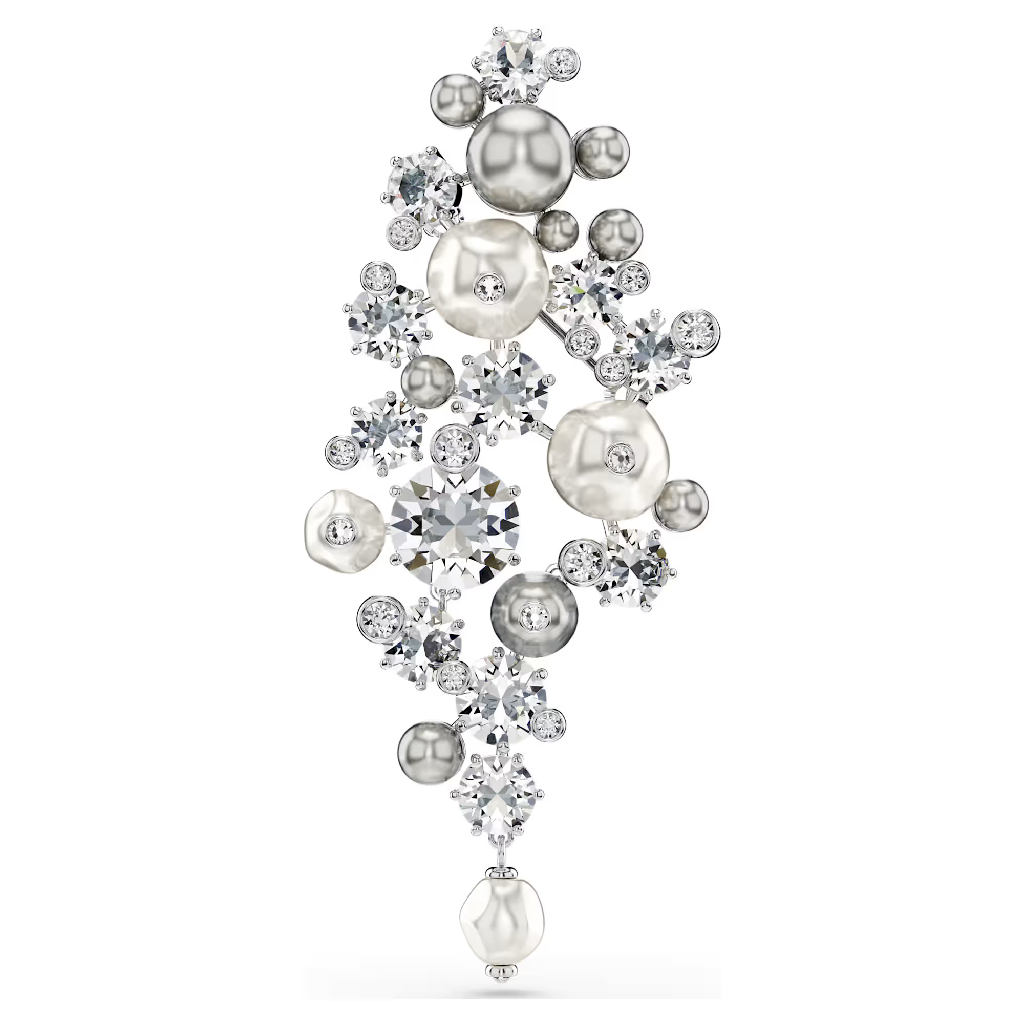 Broche Constella, métal finition rhodium, cristaux incolores, perles