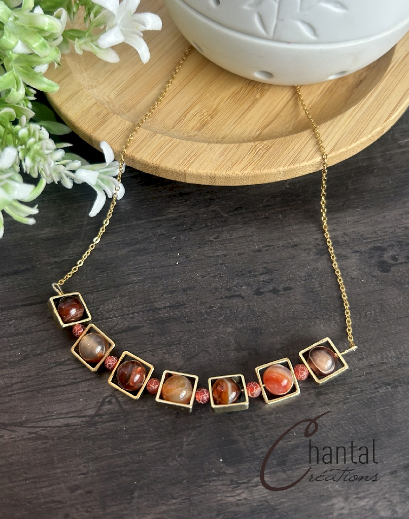 Caroline russet necklace, stainless steel, russet agates