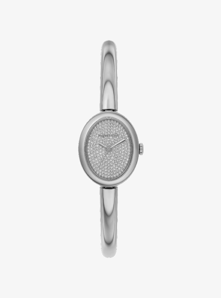 Montre ovale, acier inoxydable, zircons incolores
