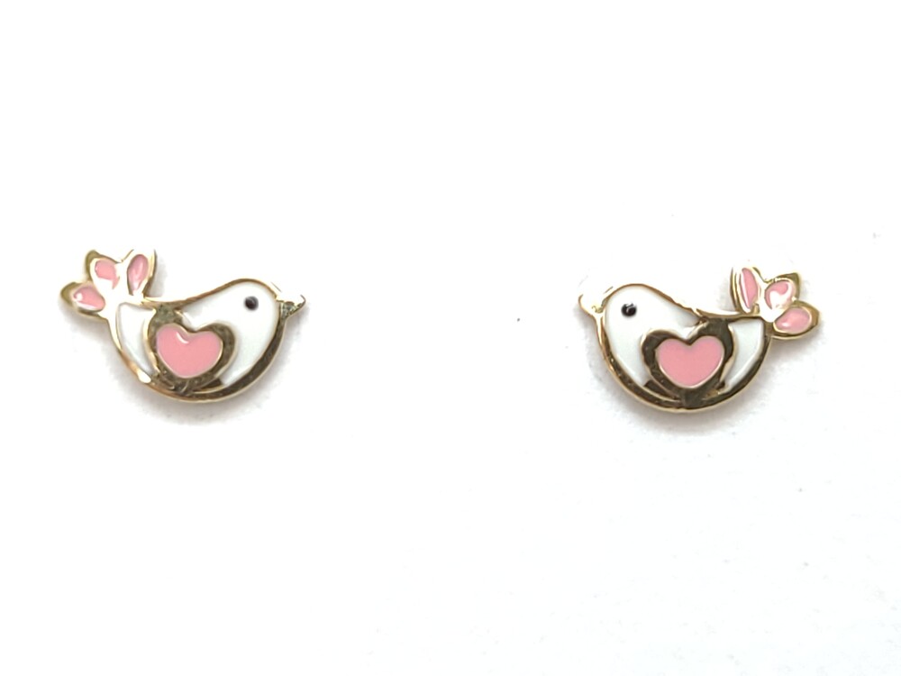 Boucles d'oreilles fixes vissées oiseaux, or jaune 10 carats, émail blanc et rose - 3153 - ExclusivitÉs