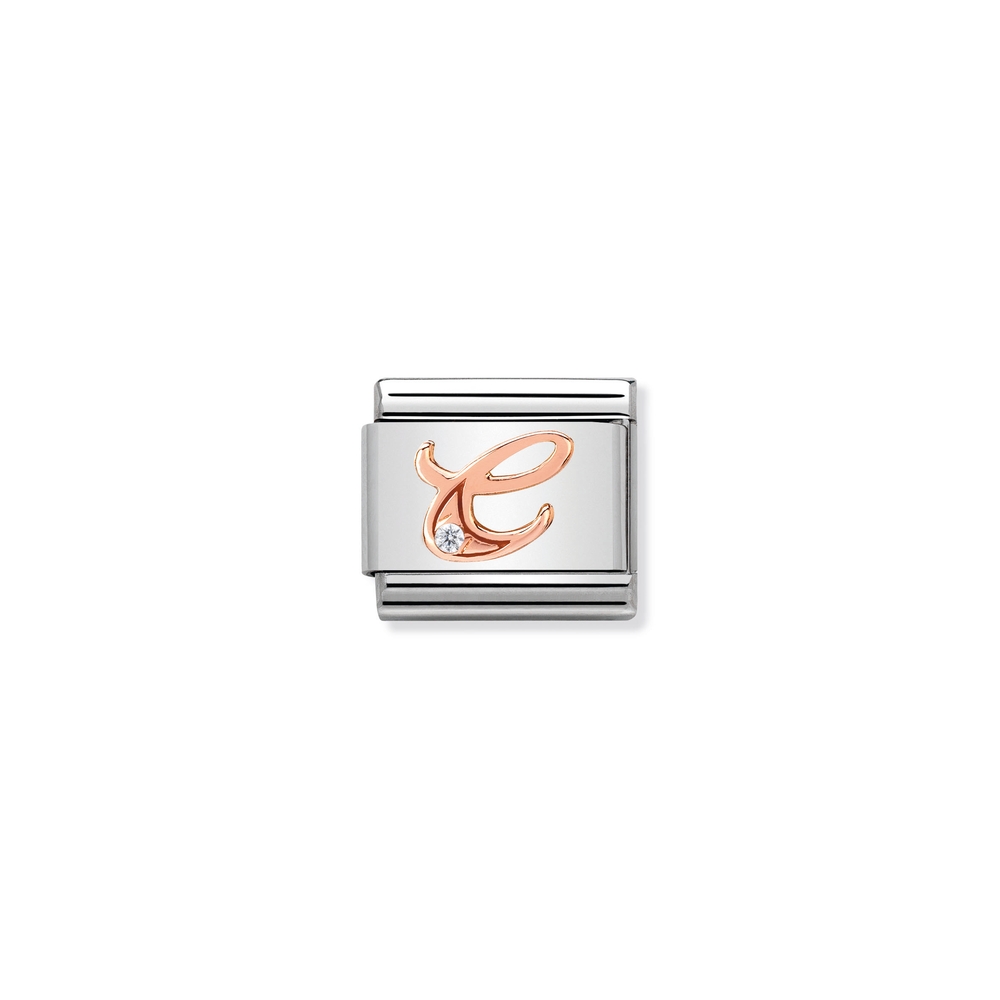 Classic link letter C, stainless steel, 9 carats rose gold finish, clear zirconia