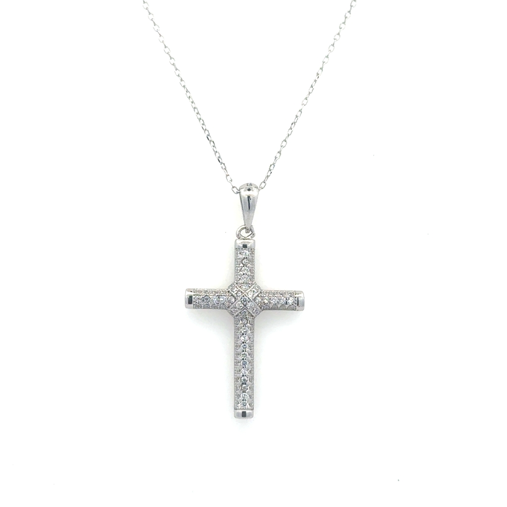 Pendentif croix, argent, zircons incolores