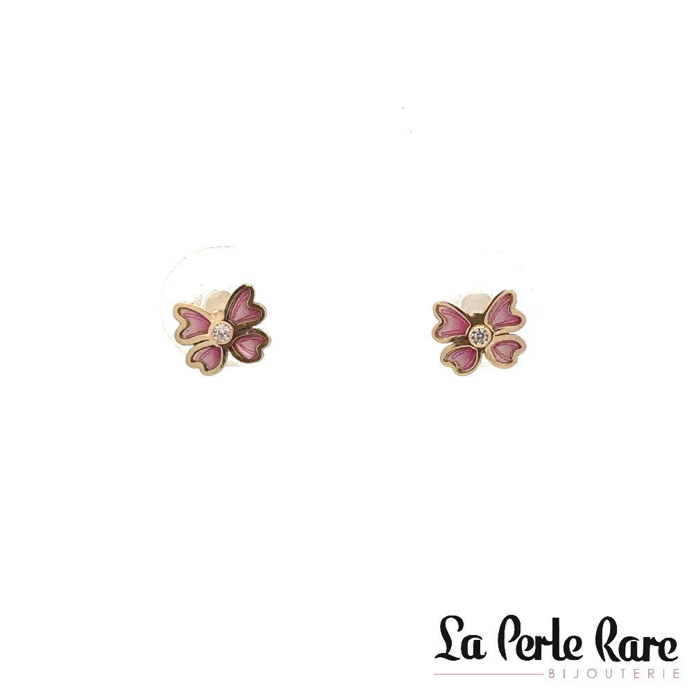 Screw-back butterfly stud earrings 10K yellow gold, pink enamel and colorless zirconia - 13582-BO-ROSE - Exclusivity