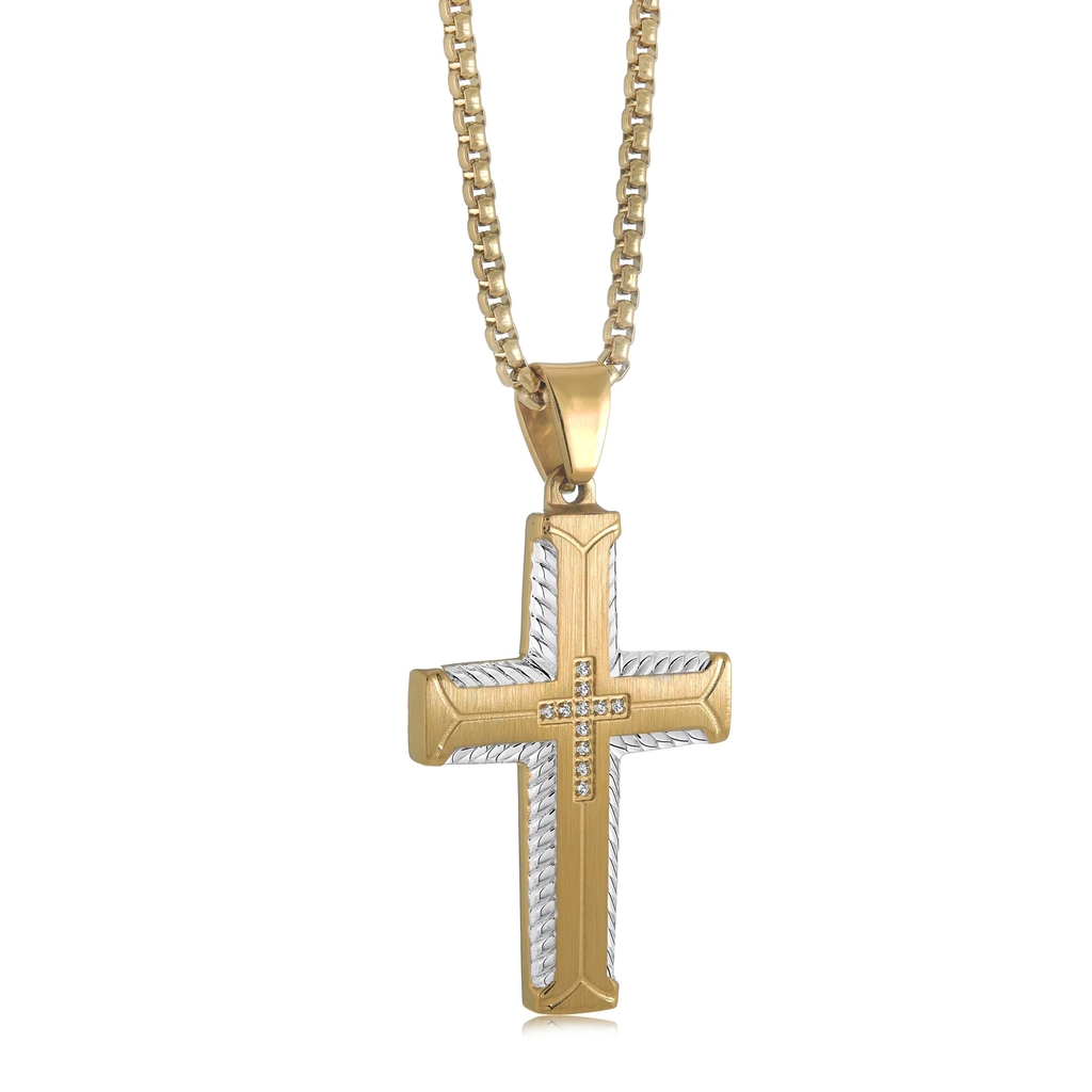 Pendentif croix texturée, acier inoxydable 2 tons (blanc/jaune), zircons incolores