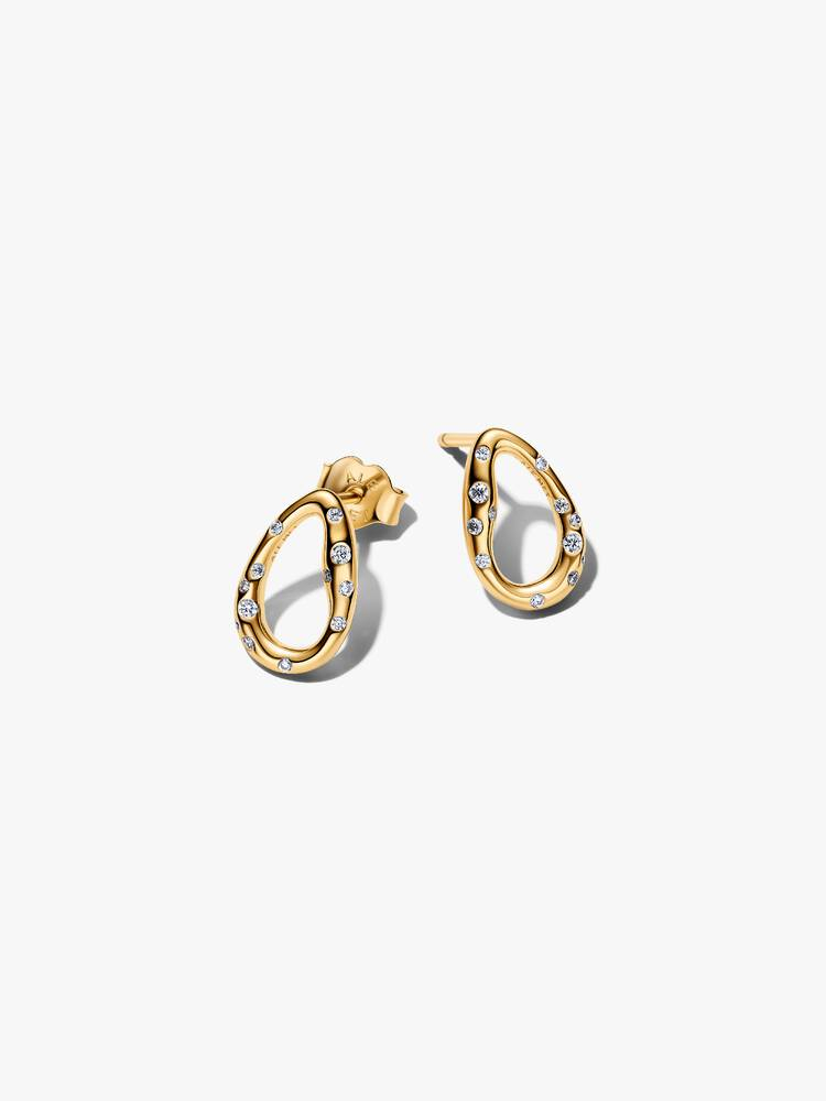 Stud earrings ovales de forme organique, métal doré, cubic zirconia