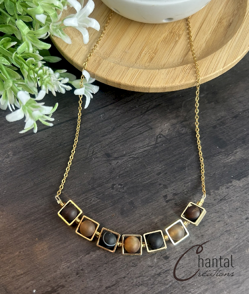 Caroline brown agate necklace, stainless steel, brown agates