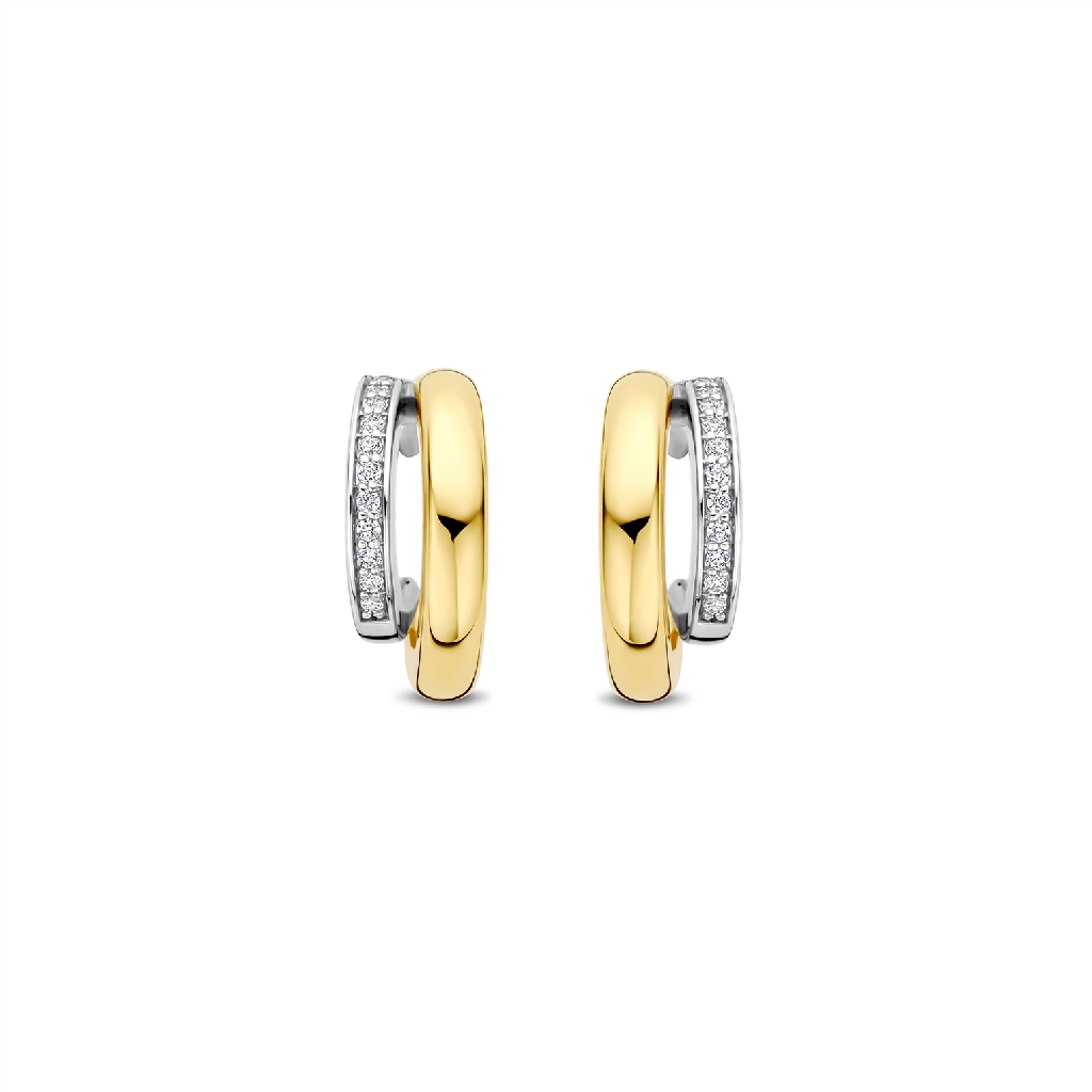 Two tone sterling silver hoop earrings (yellow and white), clear zirconia