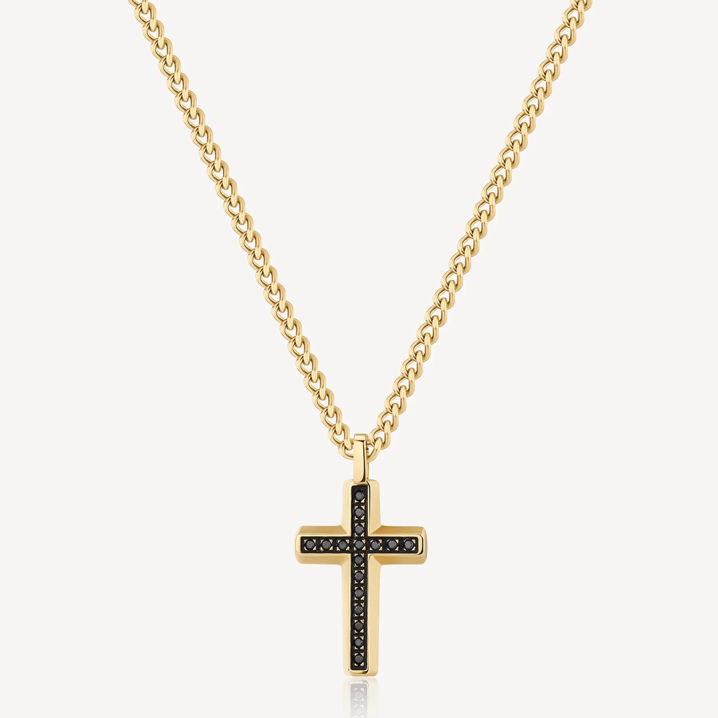 Pendentif croix Backliner, acier inoxydable doré, zircons noirs