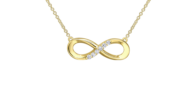 Collier symbole de l'infini, or jaune 10 carats, 6 points de diamant total