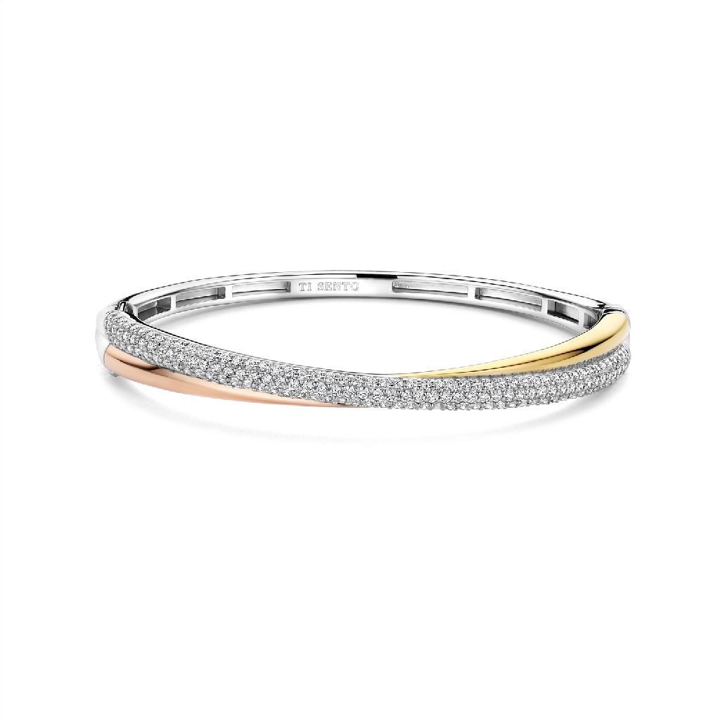 Rigid bangle bracelet, three tone sterling silver (white, yellow and rose), clear zirconia