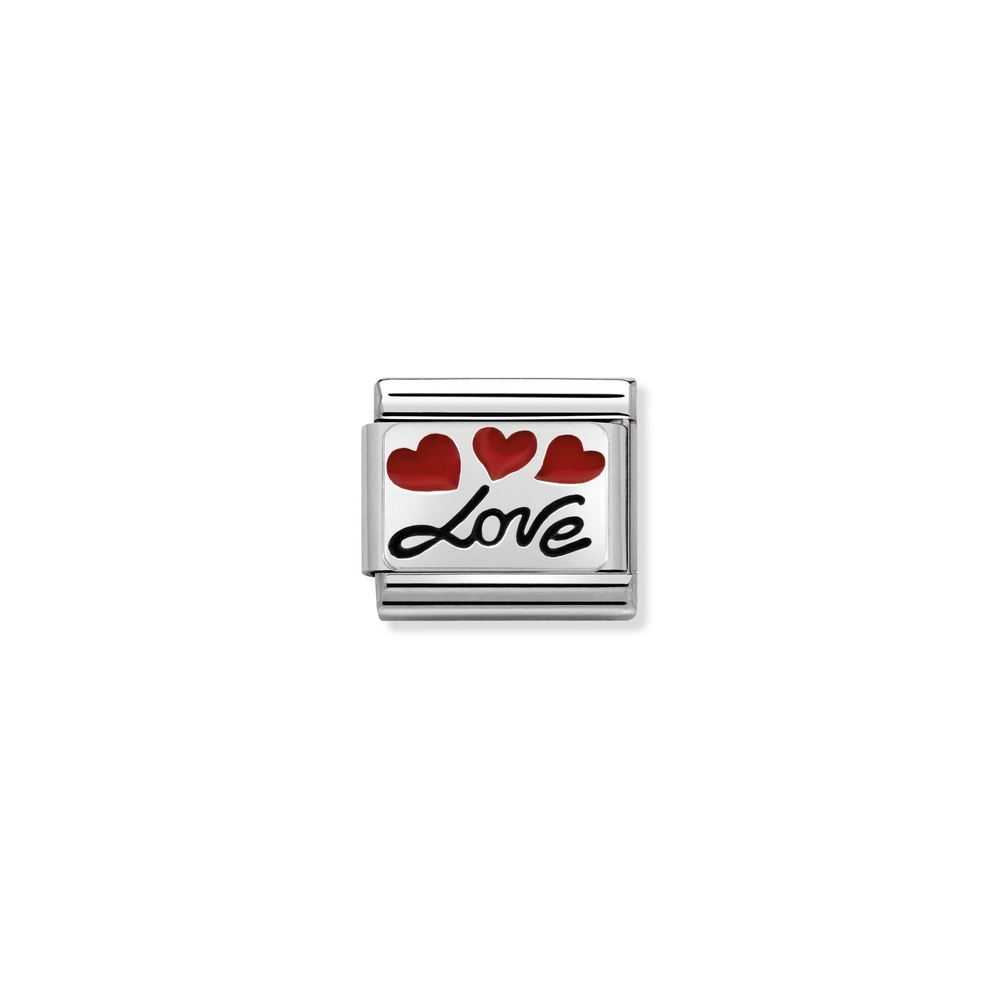 Classic link love with heart, stainless steel, sterling silver, red enamel - 33020806 - NOMINATION