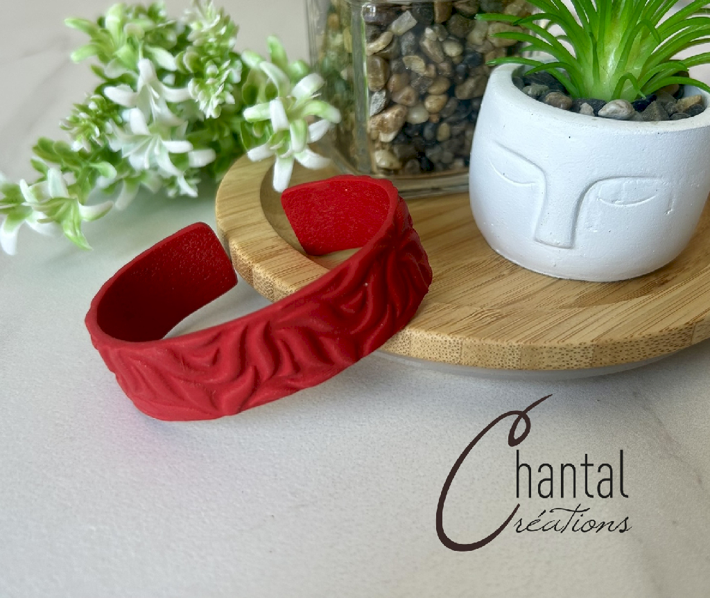 Bracelet manchette ouvert Manijka rouge, argile polymère