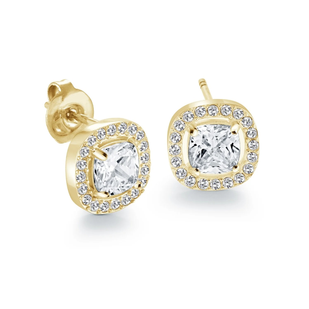 Boucles d'goldeilles fixes halo carré, stainless steel dgoldé, clear zircons