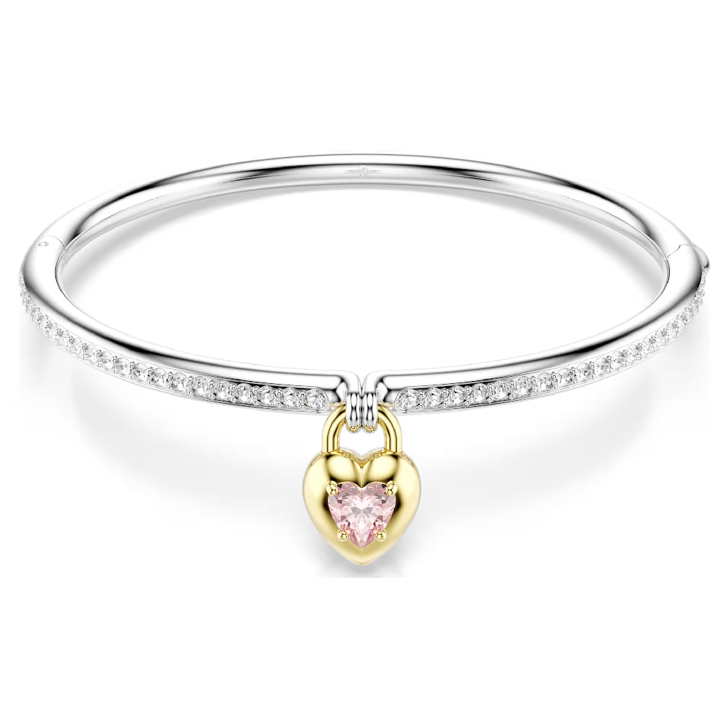 Bracelet rigide avec coeur, métal 2 tons (blanc et jaune), cristaux incolores et rose
