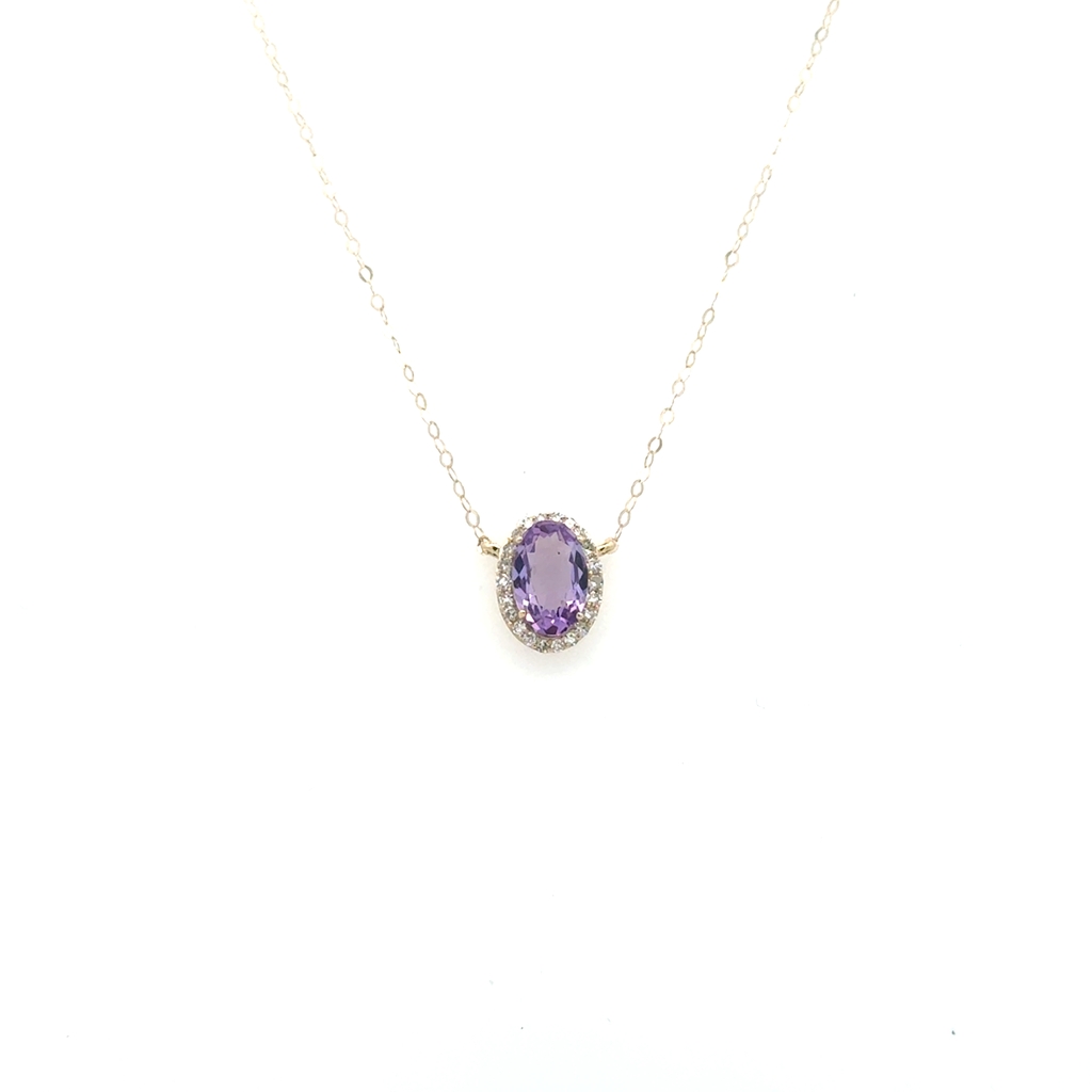 Necklace yellow gold 10K, amethyst, 0.15 ct total diamonds