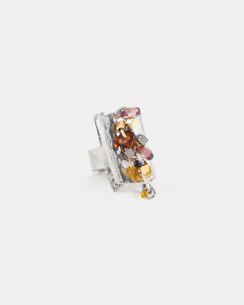 Bague ajustable, étain 2 tons (blanc et jaune), verre coloré