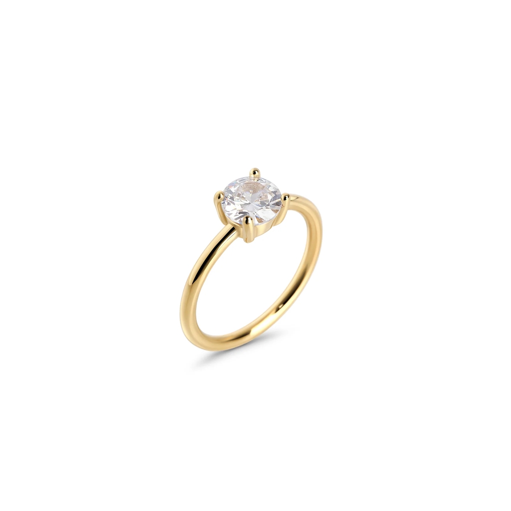 Bague solitaire, acier inoxydable doré, zircon incolore