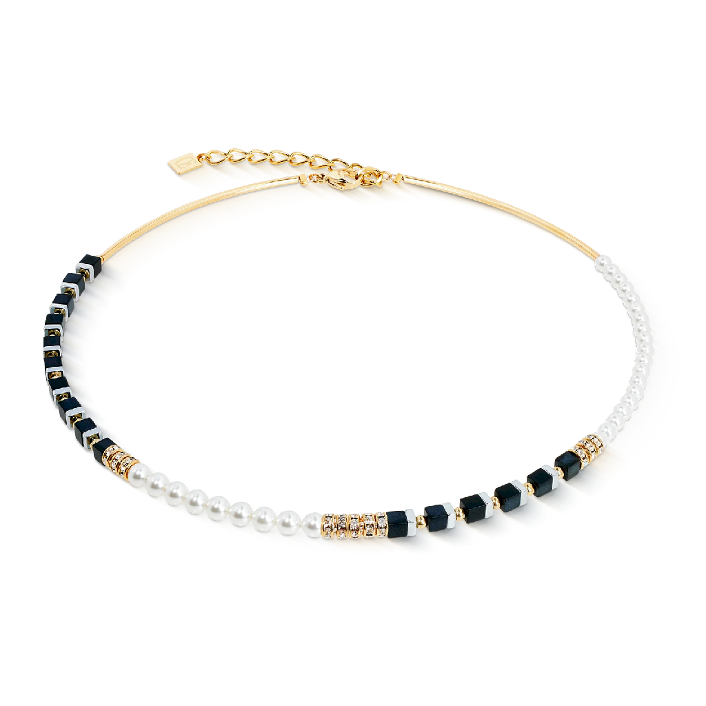Collier acier inoxydable doré, verre, cristaux, perles