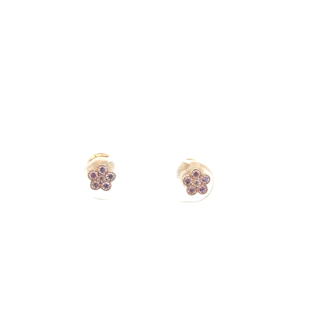 Screw back flower stud earrings yellow gold 10 karats, pink zircons