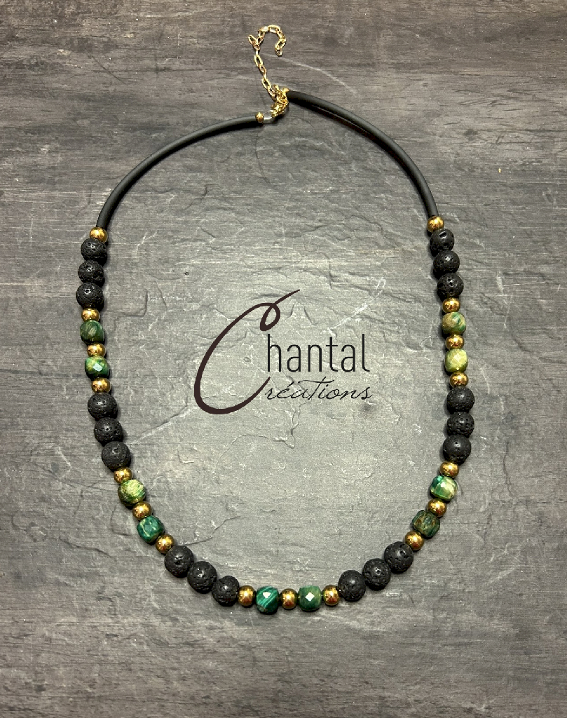 Collier Patrick vert facetté, pierre de lave, oeil-de-tigre vert facetté, acier inoxydable doré, pvc