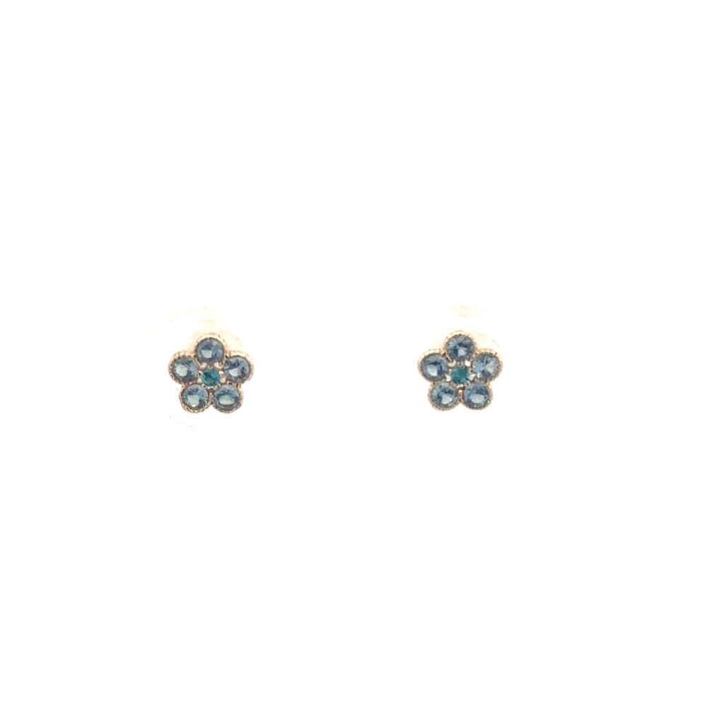 Screw back flower stud earrings yellow gold 10 karats, blue zircons
