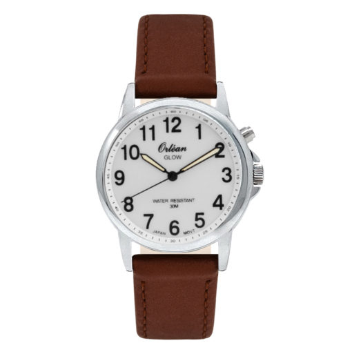 Montre cuir brun, acier inoxydable, fond blanc