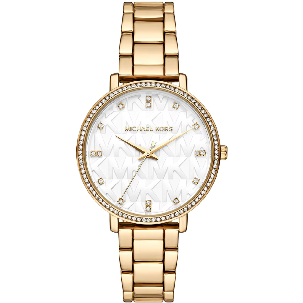 Montre acier inoxydable doré, fond blanc MK, zircons incolores