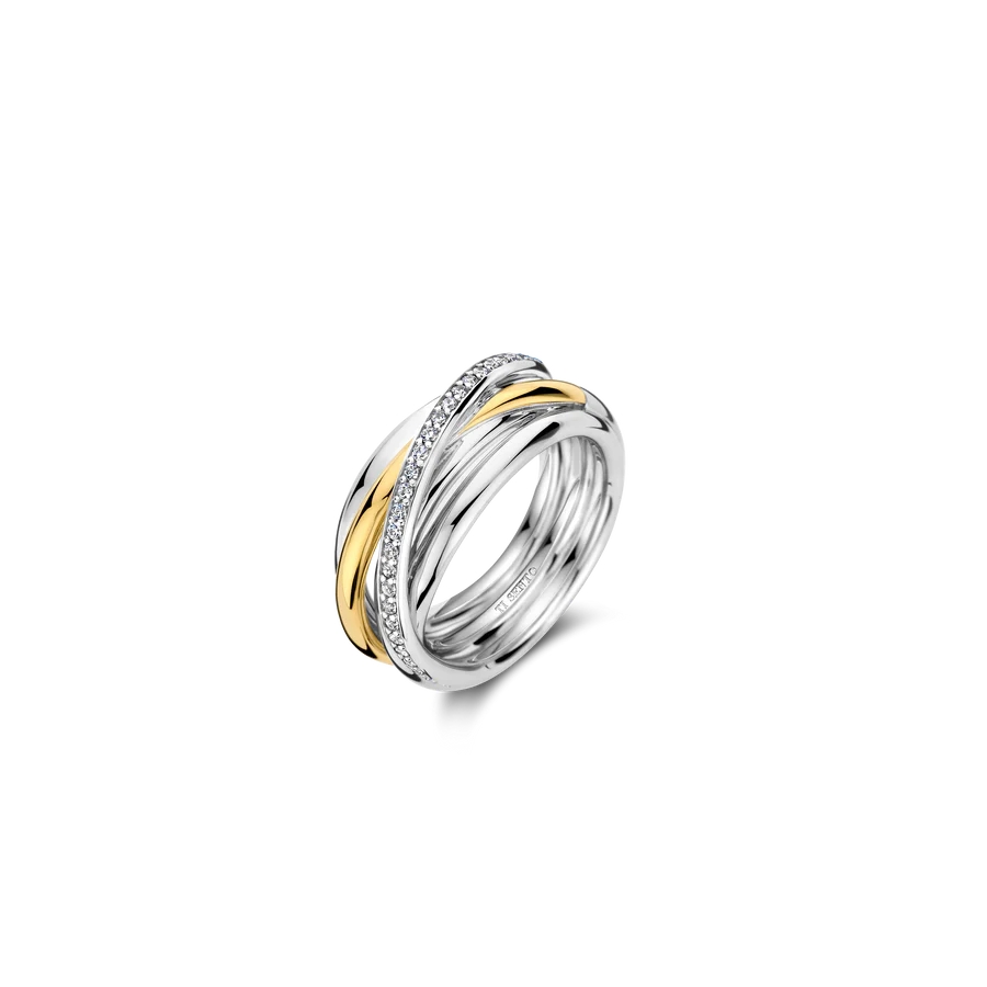 Two-tone sterling silver ring with interlaced bands and cubic zirconia - 12318ZY-56 - Ti Sento