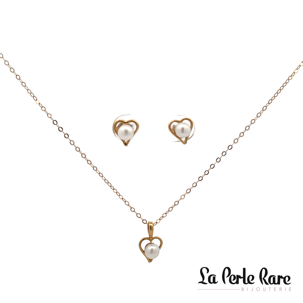 Yellow Gold Heart Set with 4.5 – 5 mm Cultured Pearls - SET-PED110 - Exclusivity