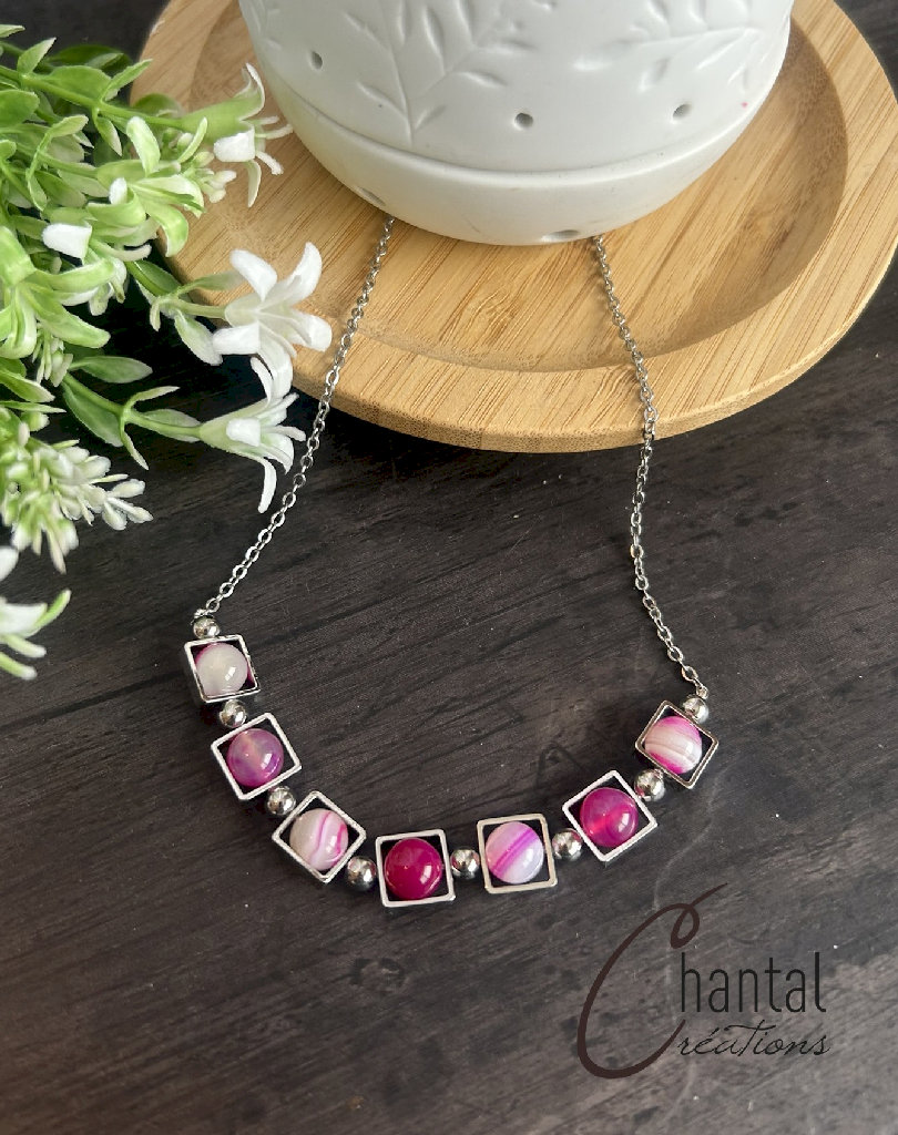 Caroline pink necklace, stainless steel, pink agates