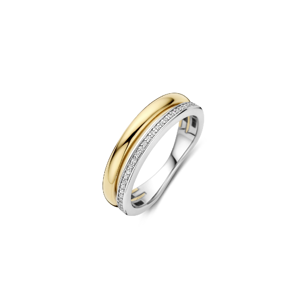Two tone sterling silver ring (yellow and white), clear zirconia