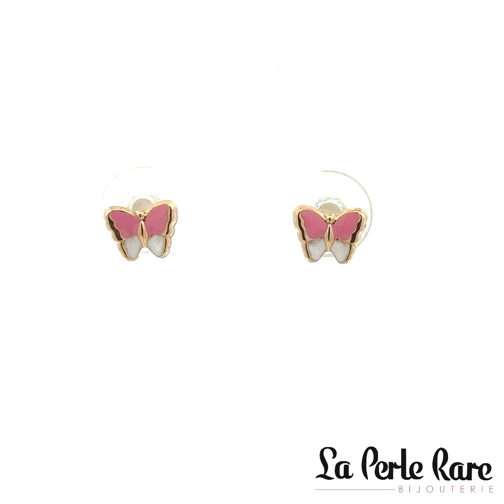 Screw-back butterfly stud earrings 10K yellow gold, pink and white enamel - 8994-ROSE - Exclusivity