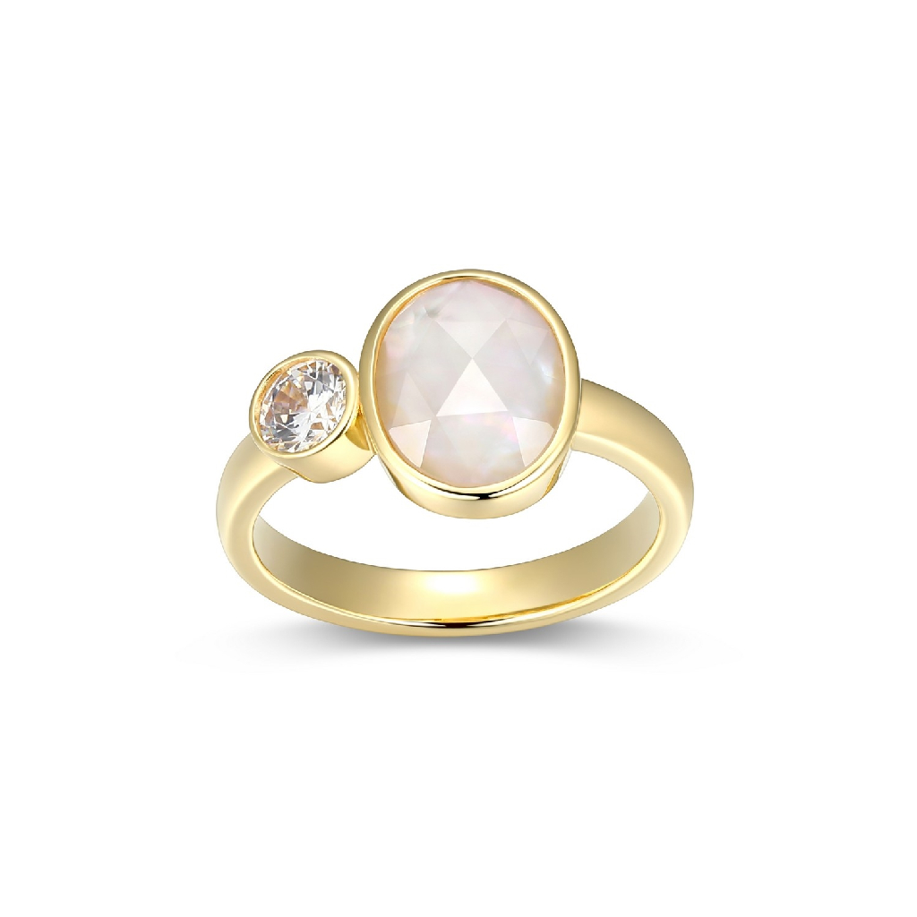 Bague argent finition or jaune 18 carats, nacre de perle, zircon incolore