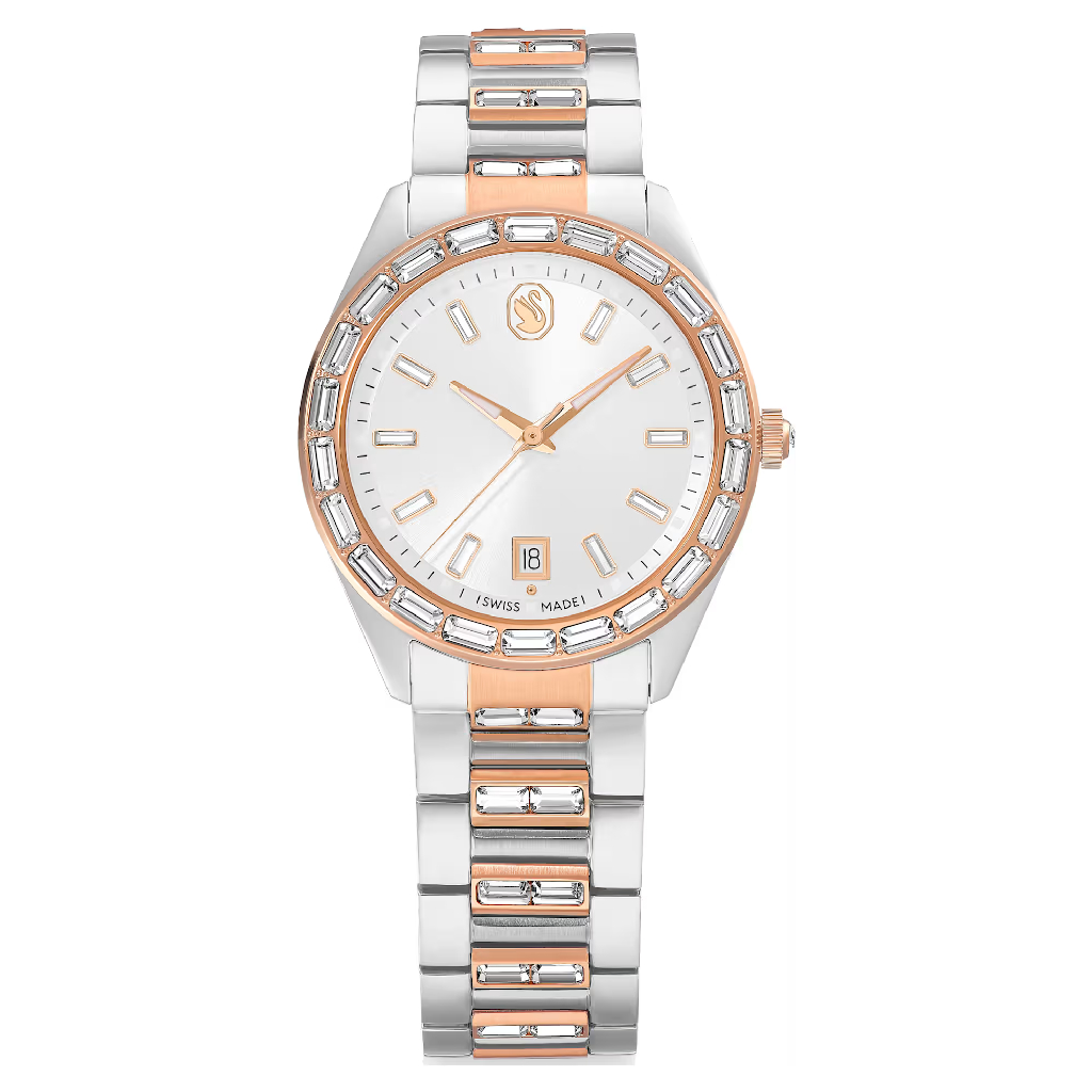 Watch Matrix, two tone metal (white and rose), clear crystals, fond blanc