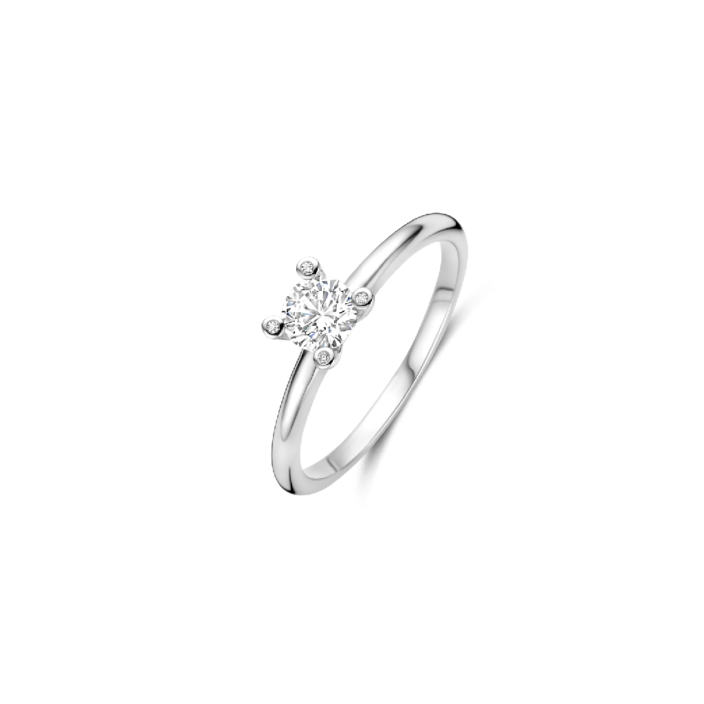 Bague solitaire, argent rhodié, zircon incolore