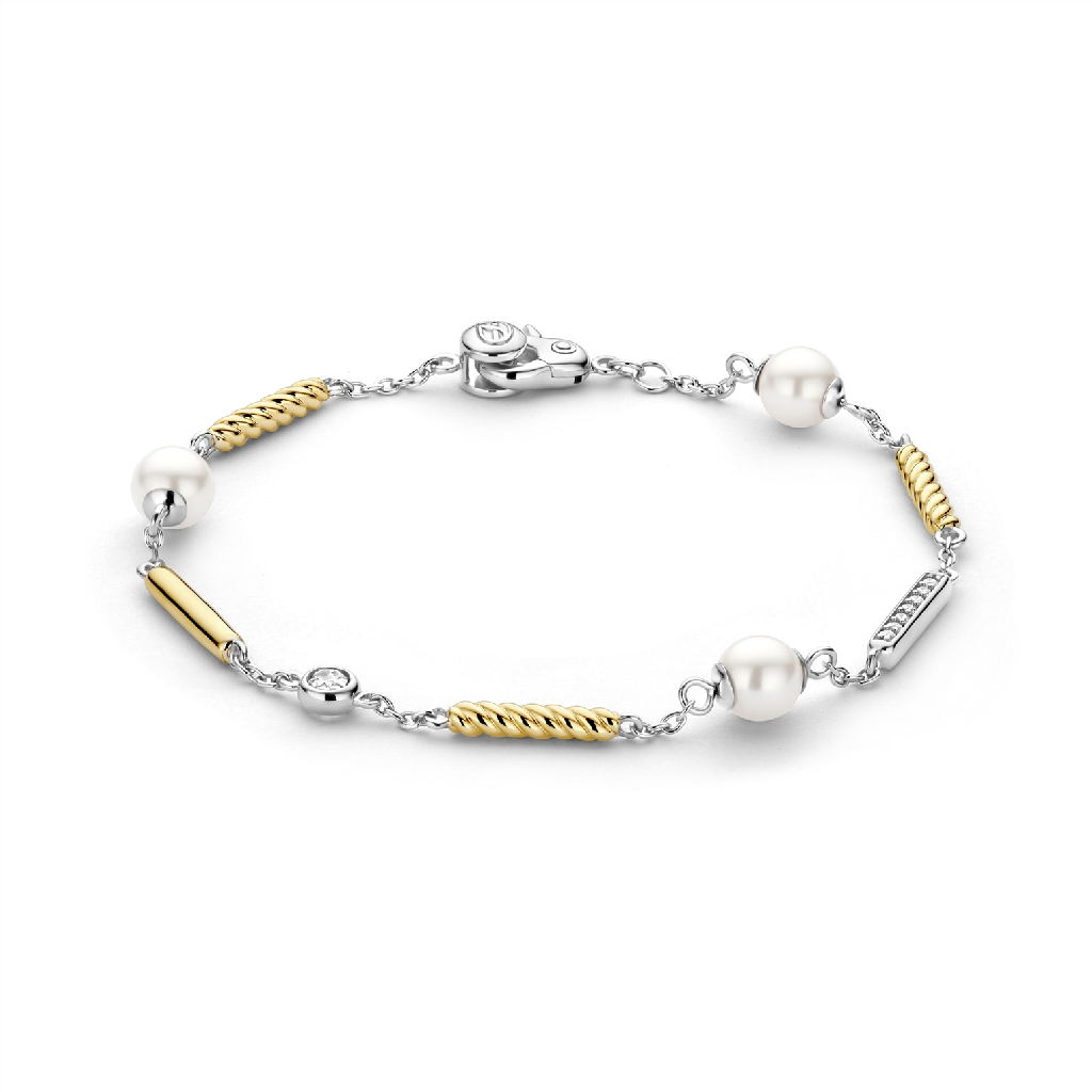 Bracelet argent 2 tons (blanc et jaune), perles, zircons incolores