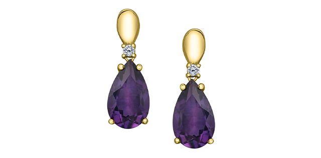 Yellow gold 10 carats drop earrings, amethysts, total 4 point Canadian diamonds