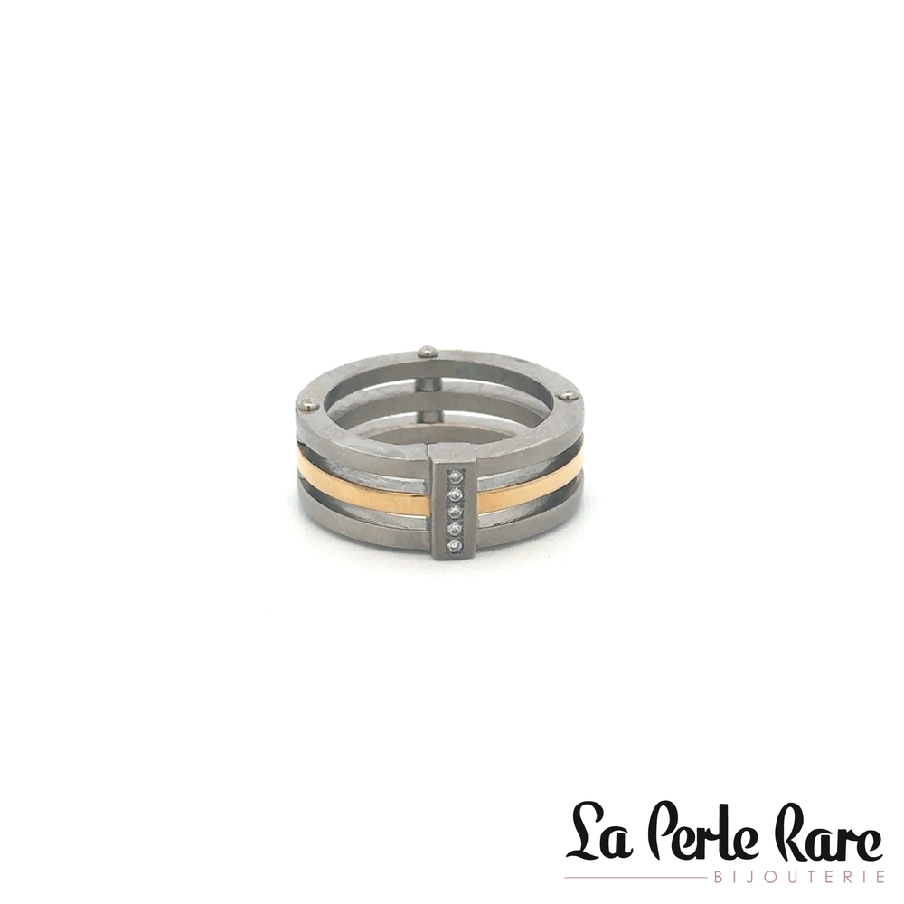 Jonc titane 2 tons (blanc et jaune), zircons incolores - 167-012602-5.5 - Steelx