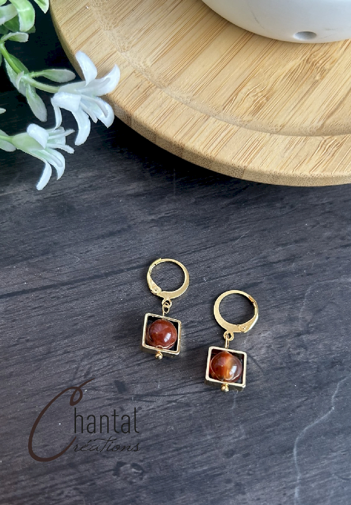 Boucles d'oreilles pendantes Caroline rousse, acier inoxydable doré, agates rousses