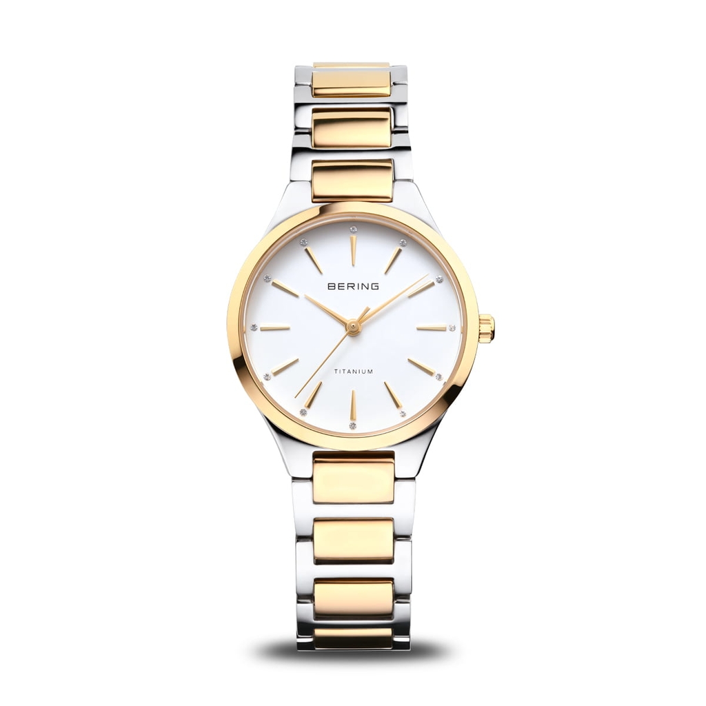 Montre titane 2 tons (blanc et jaune), fond blanc