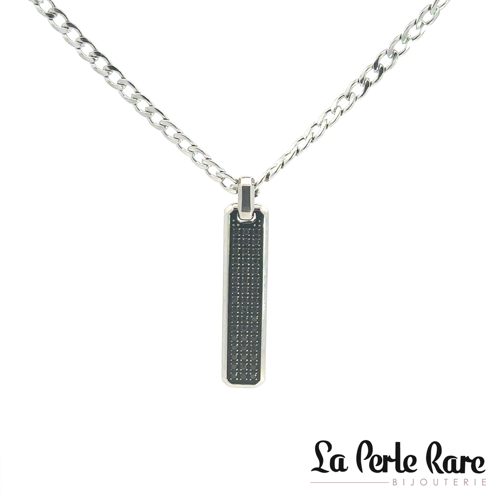 Pendentif et chaîne gourmette, acier inoxydable, zircons noirs