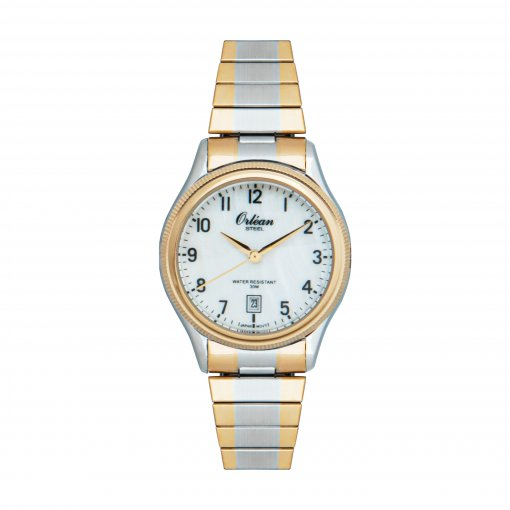 Montre extensible, acier inoxydable 2 tons (blanc et jaune), fond blanc