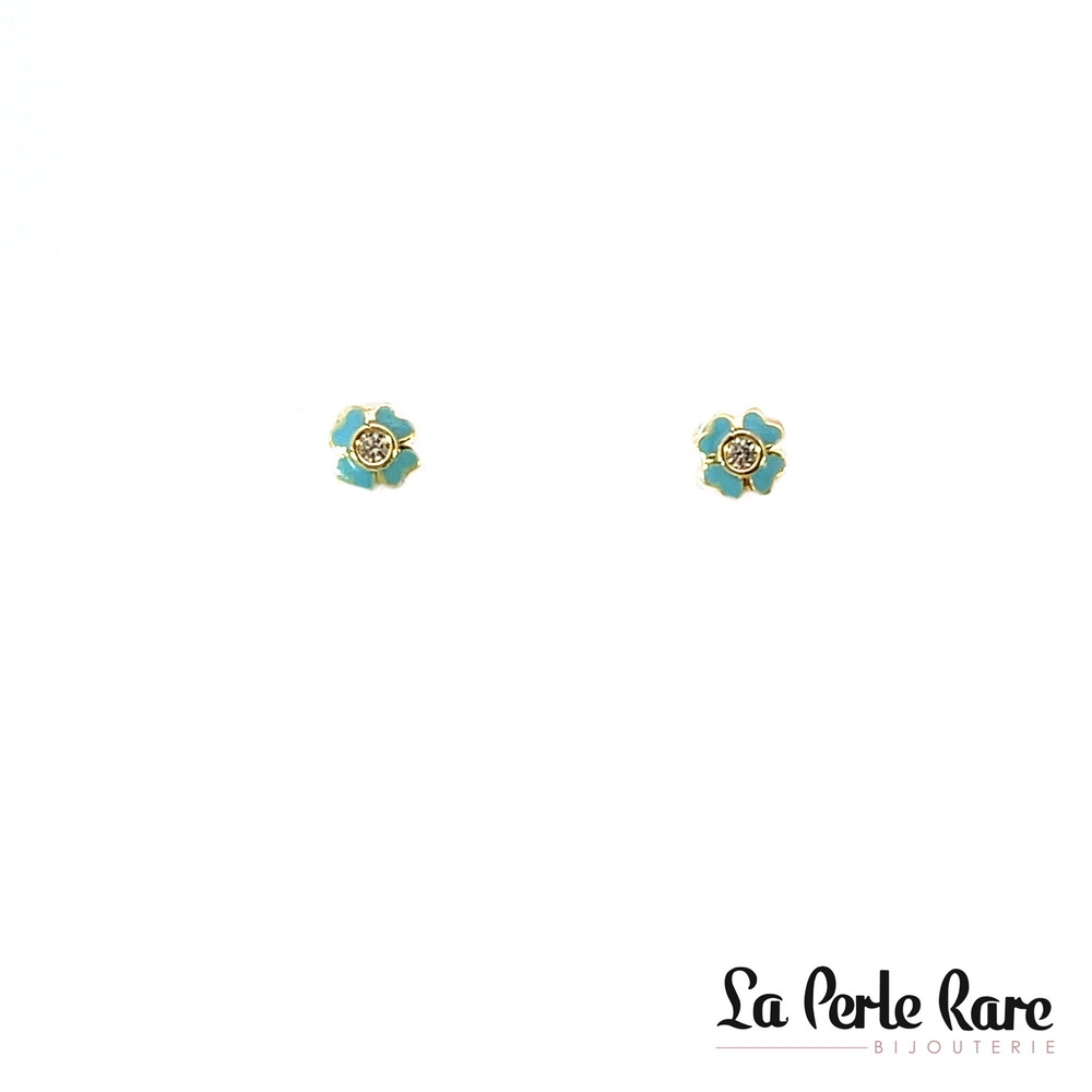Boucles d'oreilles fixes vissées fleurs or jaune 10 carats, émail bleu et zircons incolores - 2196-BLEU-BO - ExclusivitÉs